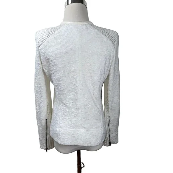 IRO Hurley White Leather Trim Textured Knit Zip Jacket FR38 Pockets Embroidered - Picture 9 of 12